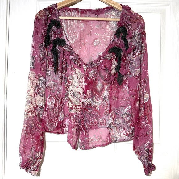 Stefanel VTG Y2K Silk Sheer Paisley Blouse Lace Trim Pearl Romantic Whimsical S - Picture 2 of 11